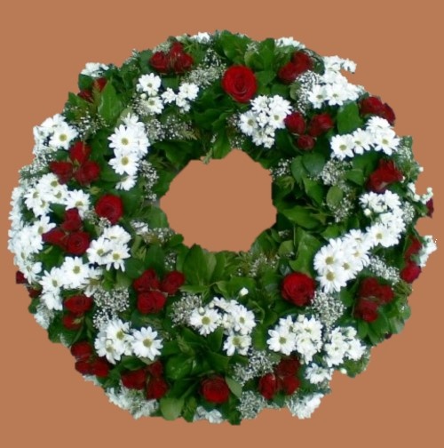 Trauerkranz Rot - weiß rundgesteckt mit Trauerschleife 12,5 cm breit