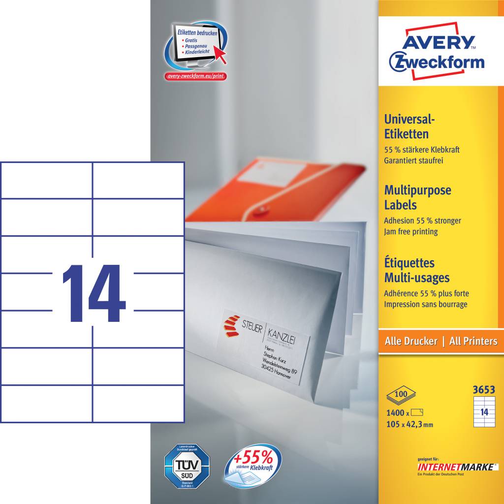 Avery Zweckform Universaletiketten 105 x 42,3 mm 100 Blatt