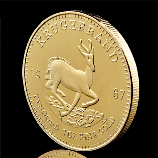 Goudkleurige Krugerrand munt 1967 Fyngoud 1 Oz fine gold met capsule.