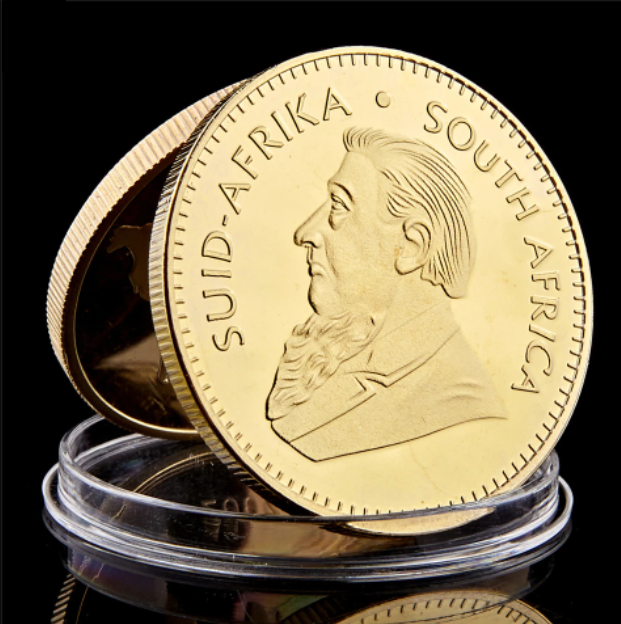 Goudkleurige Krugerrand munt 1967 Fyngoud 1 Oz fine gold met capsule.