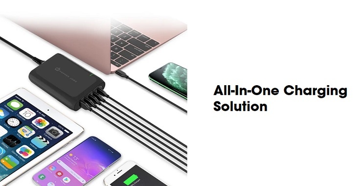 PEPPER JOBS PD10000 Dual-USB-C PD-Ladegerät mit 5 Anschlüssen enthält zwei USB-C PD 3.0/PPS-Ladeanschlüsse (100W max., QC-kompatibel) und drei USB-A-Ladeanschlüsse (insgesamt max. 36W) in einen ultra kompakten, tragbaren Formfaktor. 