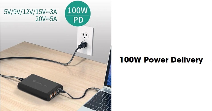 Pepper Jobs PD10000 5-port Dual USB-C PD Charger incorporates two USB-C PD 3.0/PPS charging ports (100W max., QC compatible) and three USB-A charging ports (36W max. total) into one ultra-compact, portable form factor.