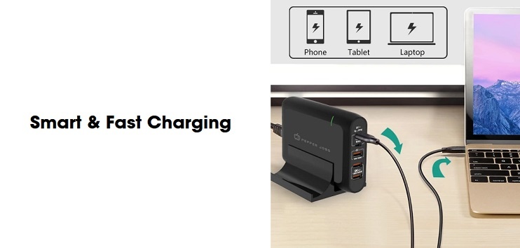 PEPPER JOBS PD10000 chargeur à 5-ports USB-C Power Delivery intègre deux ports de chargement USB-C 3.0 (100W compatible QC) et trois ports de chargement USB-A (36W max. total) dans un objet portatif ultra-compact.