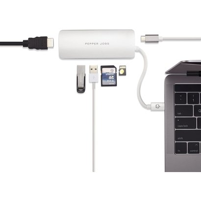 PEPPER JOBS TCH-4 è un hub da USB-C 3.1 a USB 3.0 con porta di ricarica USB-C PD, lettori schede SD e TF e uscita HDMI, color argento