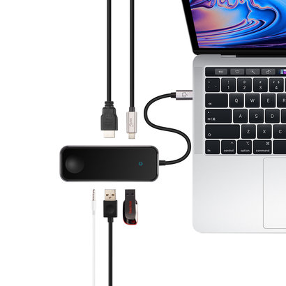 PEPPER JOBS TCH-W5 is een USB-C 3.1 naar USB 3.0-hub met een draadloze oplader voor de Apple Watch, 4K HDMI-video-output, 2x USB 3.0-poorten en een 3,5mm audio combojack.