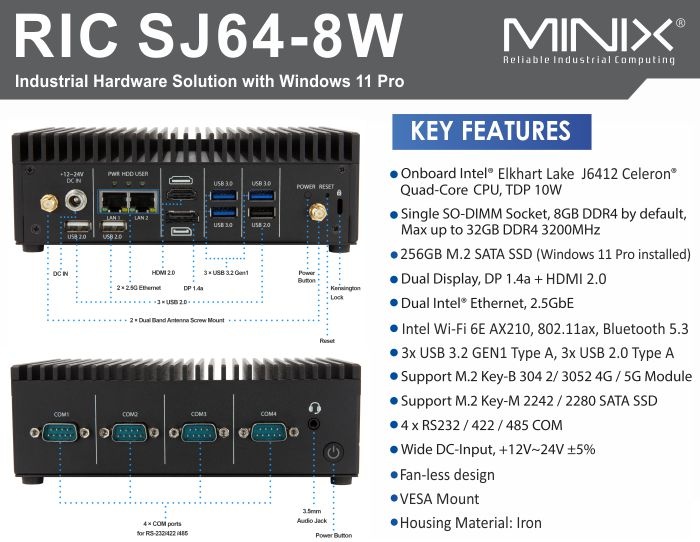 MINIX Industriële RIC-SJ64-8W PC Intel® Celeron® J6412 2.6 GHz 8GB/256 GB Intel UHD Graphics Windows 11 Pro.