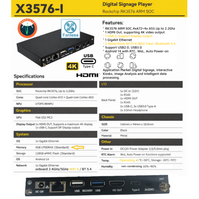 Smart Import Solutions X3576-i  RK3576 Android 14. 8GB/128GB kiosk / digital signage player