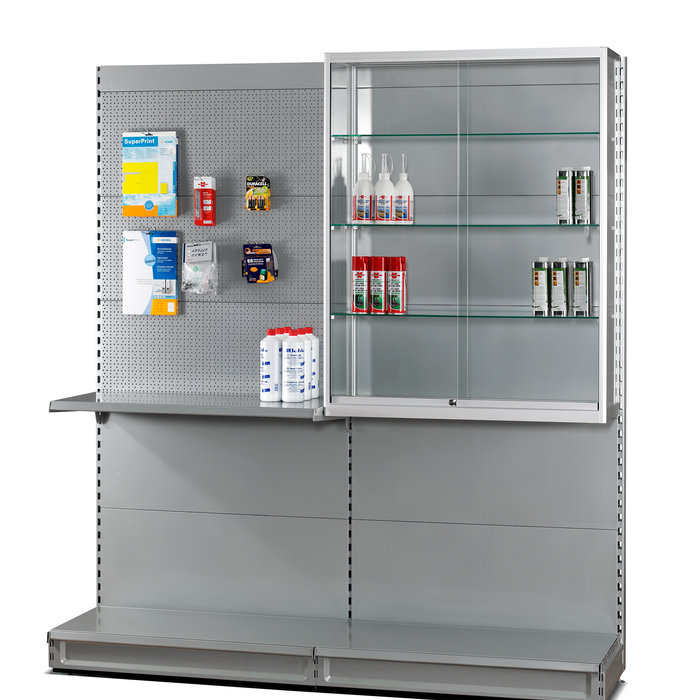 Wandvitrine voor winkelstelling,  100 x 30 x 100 cm hoog voorzien van 3 schappen en LED spots