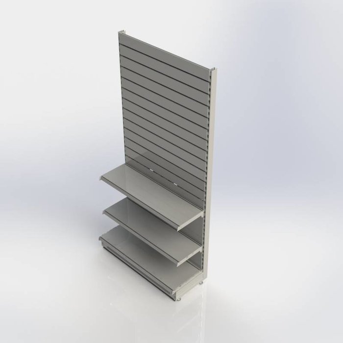 Winkelstelling wandrek met slatwall strokenwand en 3 schappen, 100 cm breed, 221 cm hoog
