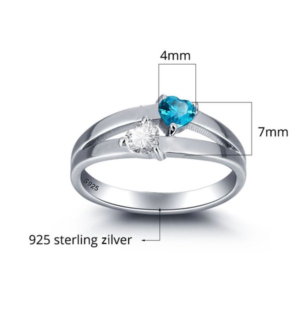 Gepersonaliseerde sieraden Silver ring with 2 birth stones 'double hearts'