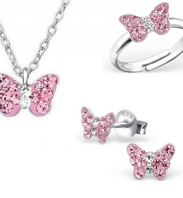 KAYA sieraden Zilveren set 'Pink Butterfly' met ketting, ring en oorbellen