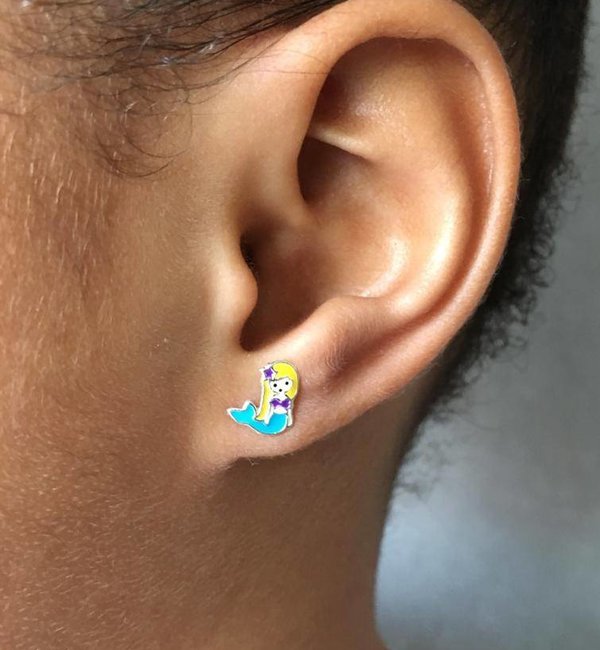 KAYA sieraden Silver children's earrings 'Mermaid' with light blue tail with glitter