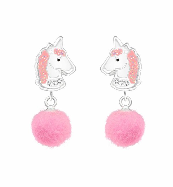 KAYA sieraden Zilveren kinderoorbellen 'Unicorn' glitter roze met pom pom