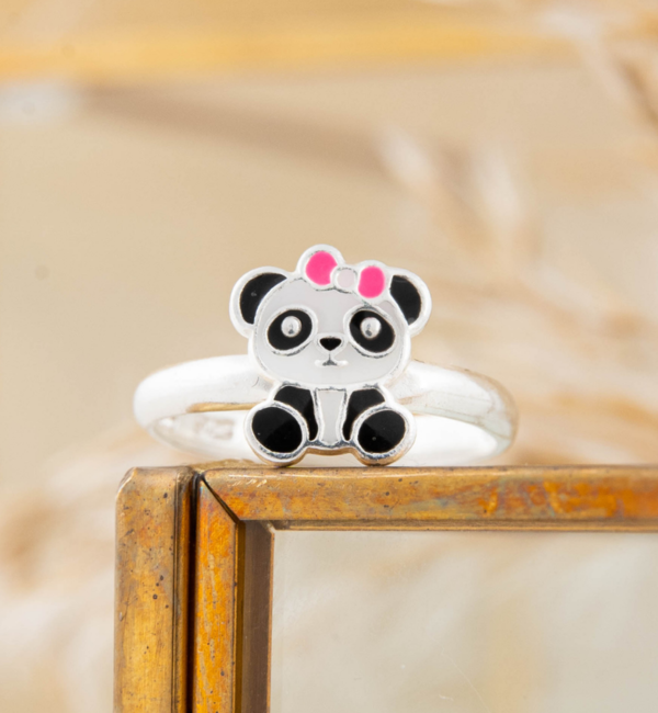 KAYA sieraden Zilveren Kinderring 'Panda' met strikje