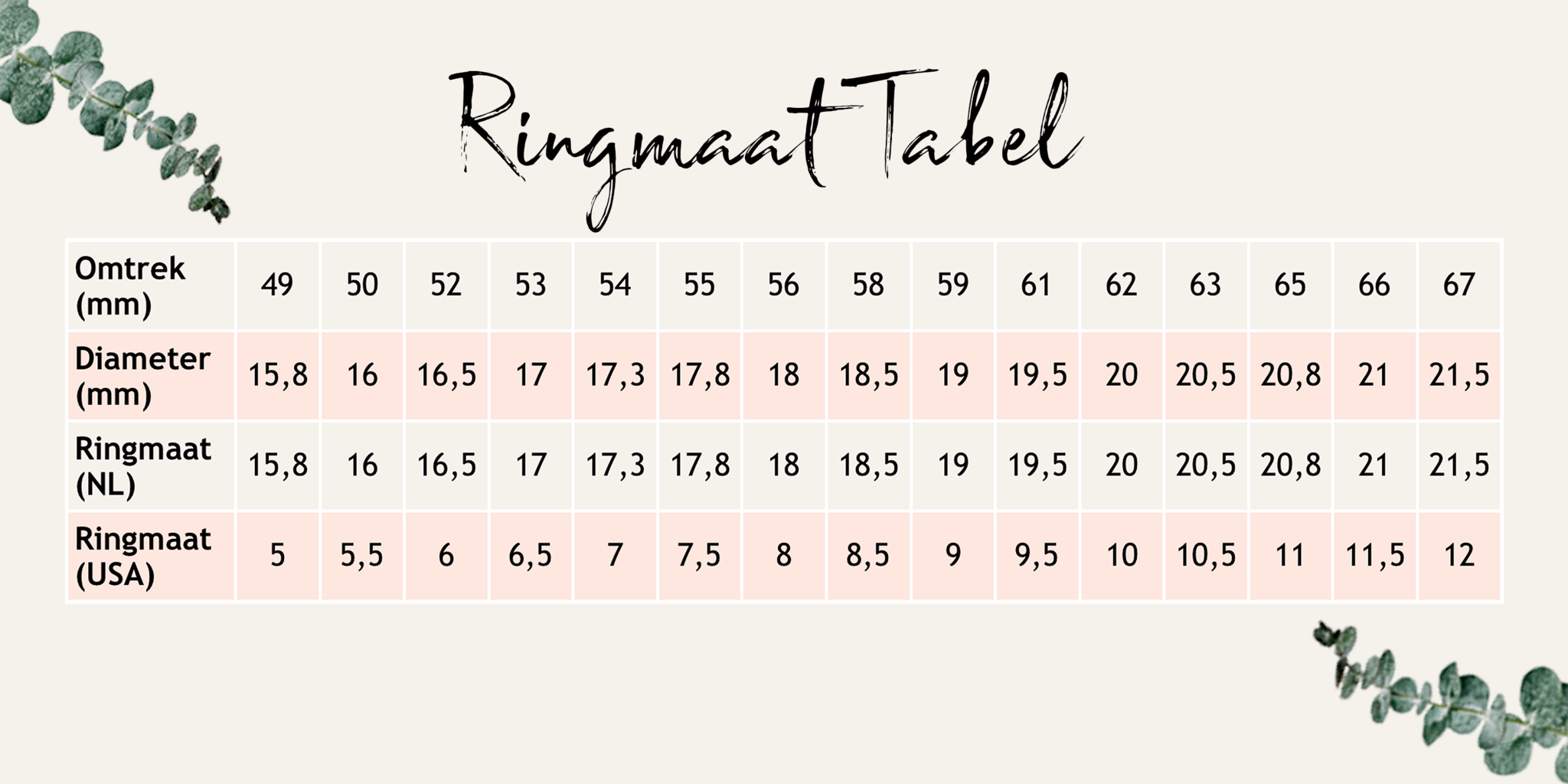 Ringmaat Tabel