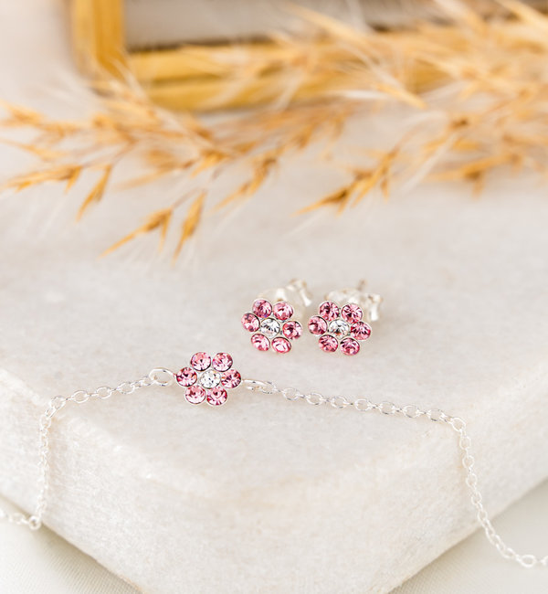 KAYA sieraden Silver children's earrings 'Crystal Flower' Pink