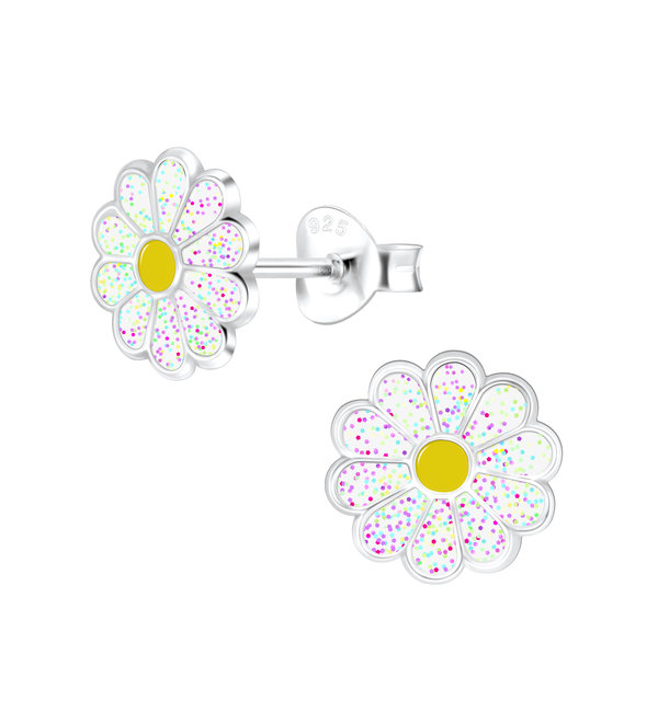 KAYA sieraden Silver children’s earrings ‘Daisy’ with glitter