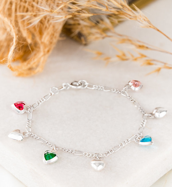 KAYA sieraden Silver Charm Bracelet with 7 Colored Hearts | Sterling Silver
