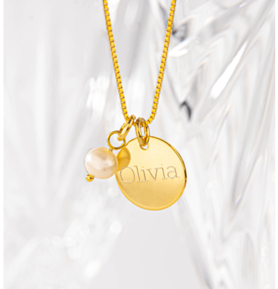 KAYA sieraden Ketting met naam  'Disc & Pareltje'