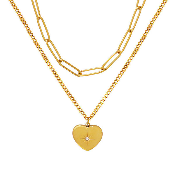 KAYA sieraden Link necklace 'Diamond Heart' Layered | Stainless Steel