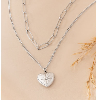 KAYA sieraden Link necklace 'Diamond Heart' Layered | Stainless Steel