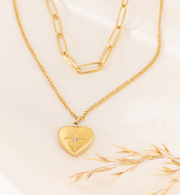 KAYA sieraden Link necklace 'Diamond Heart' Layered | Stainless Steel