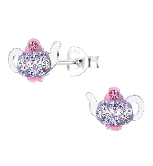 KAYA sieraden Silver Children's Earrings 'Teapot' with Crystals