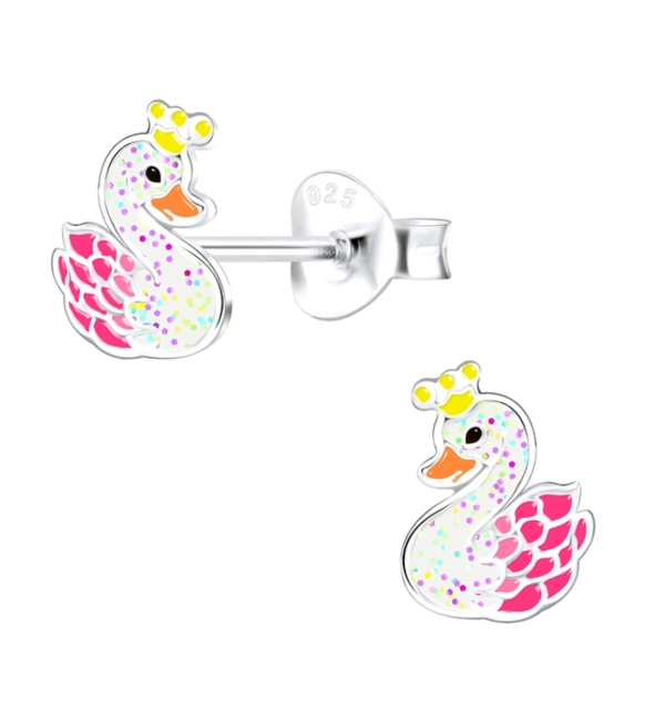 KAYA sieraden Silver children’s earrings ‘Little Swans’ with glitter
