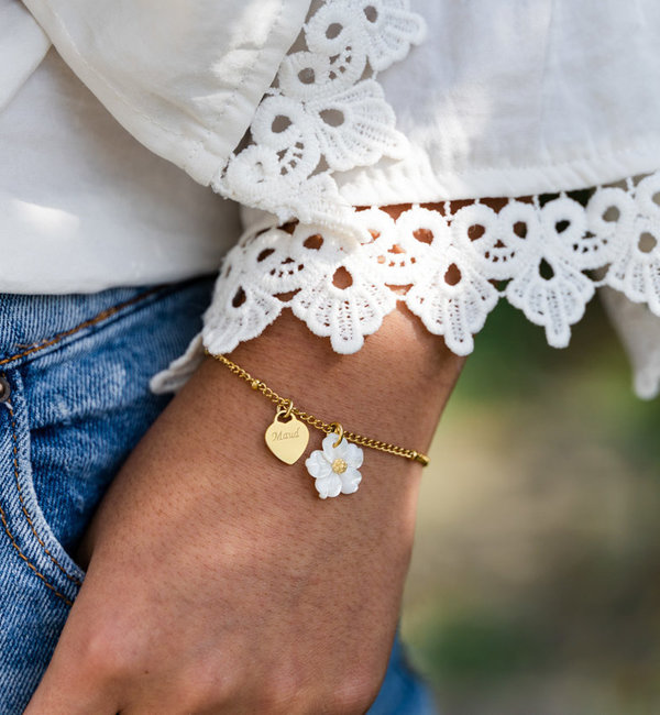 KAYA sieraden Necklace and Bracelet Set with Engraving and Mother of Pearl Flower 'Bolletjes' | Stainless Steel