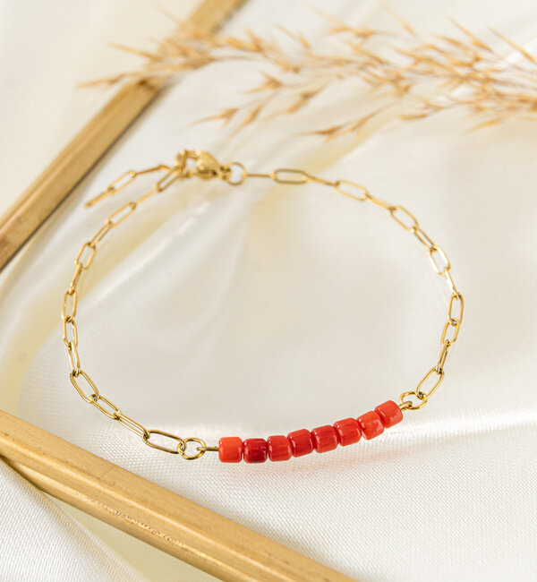 KAYA sieraden Link bracelet Red Coral 'Nova Pérola' | Stainless Steel