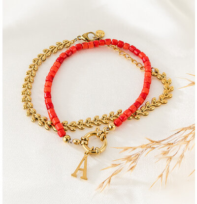 KAYA sieraden Bracelets Set Red Coral 'Nova Pérola' | Stainless Steel