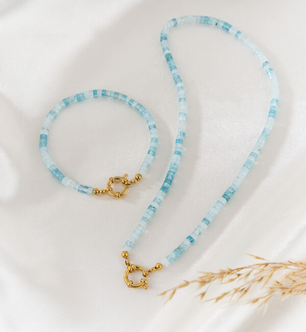 KAYA sieraden Bracelet and Necklace Set Turquoise Jade 'Nova Pérola' Round clasp | Stainless Steel