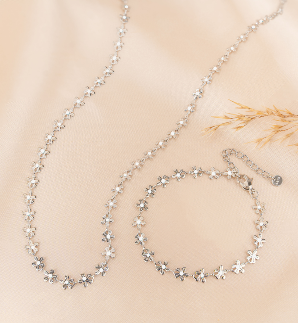 KAYA sieraden Bracelet and Necklace Set White 'Flowers' | Stainless Steel