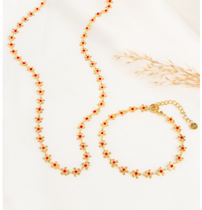 KAYA sieraden Set Rood 'Bloemetjes' | Stainless Steel