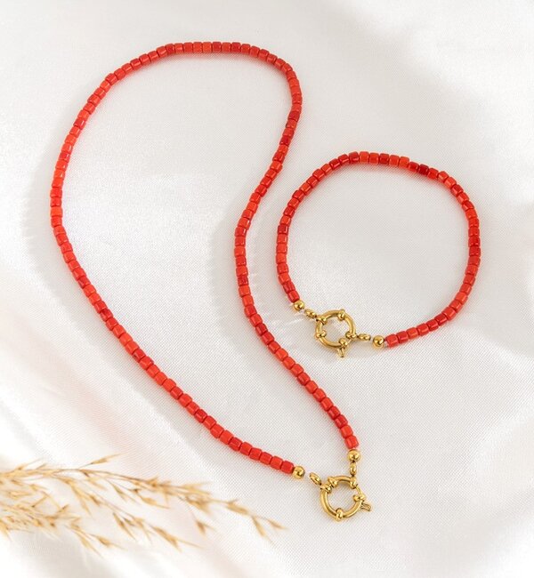 KAYA sieraden Bracelet and Necklace Set Red Coral 'Nova Pérola' Round clasp | Stainless Steel