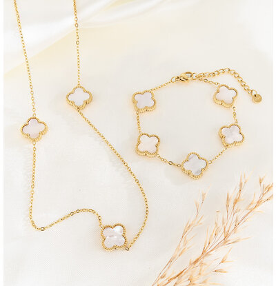 KAYA sieraden Bracelet & necklace clover set | Mother of Pearl