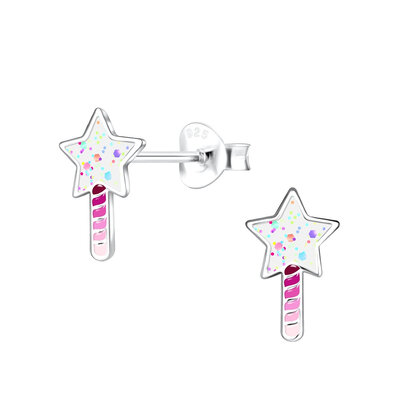 KAYA sieraden Silver children’s earrings ‘Magic Wand’ with glitter