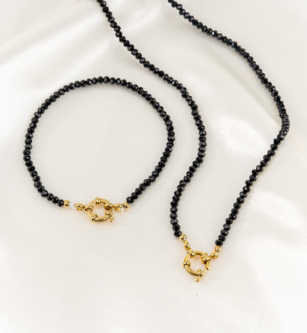 KAYA sieraden Bracelet and Necklace Set Black with Round Lock 'Urban Chic' | Stainless Steel