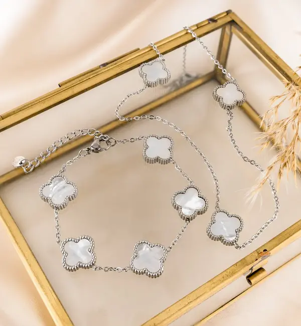 KAYA sieraden White Bracelet and Necklace Set 'Clover'| Stainless Steel