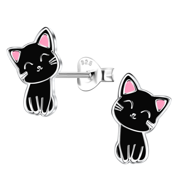 KAYA sieraden Silver Children's Earrings 'Black Cat'
