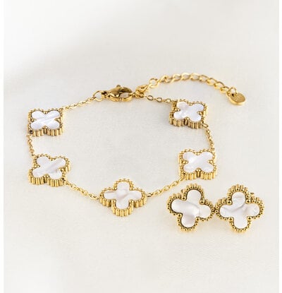 KAYA sieraden Armband en Oorbellen Set 'Klaver' Parelmoer