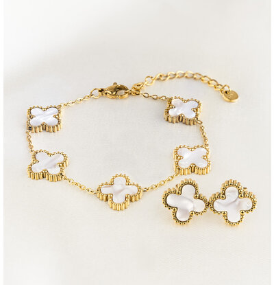 KAYA sieraden Bracelet and Earrings Set 'Clover' | Stainless Steel - White