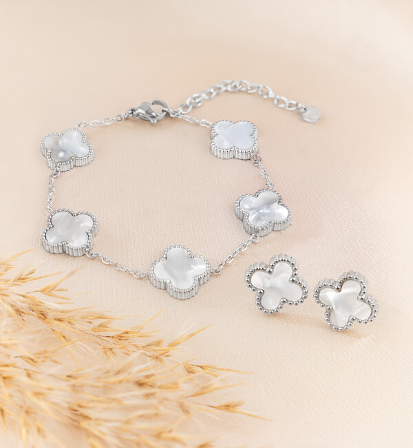 KAYA sieraden Bracelet and Earrings Set 'Clover' | Stainless Steel - White