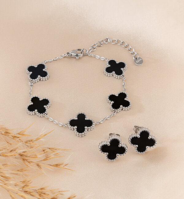 KAYA sieraden Bracelet and Earrings Set 'Clover' | Stainless Steel - White - Copy