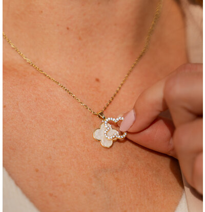 KAYA sieraden Pavé Klaver Ketting | Stainless Steel  - Parelmoer