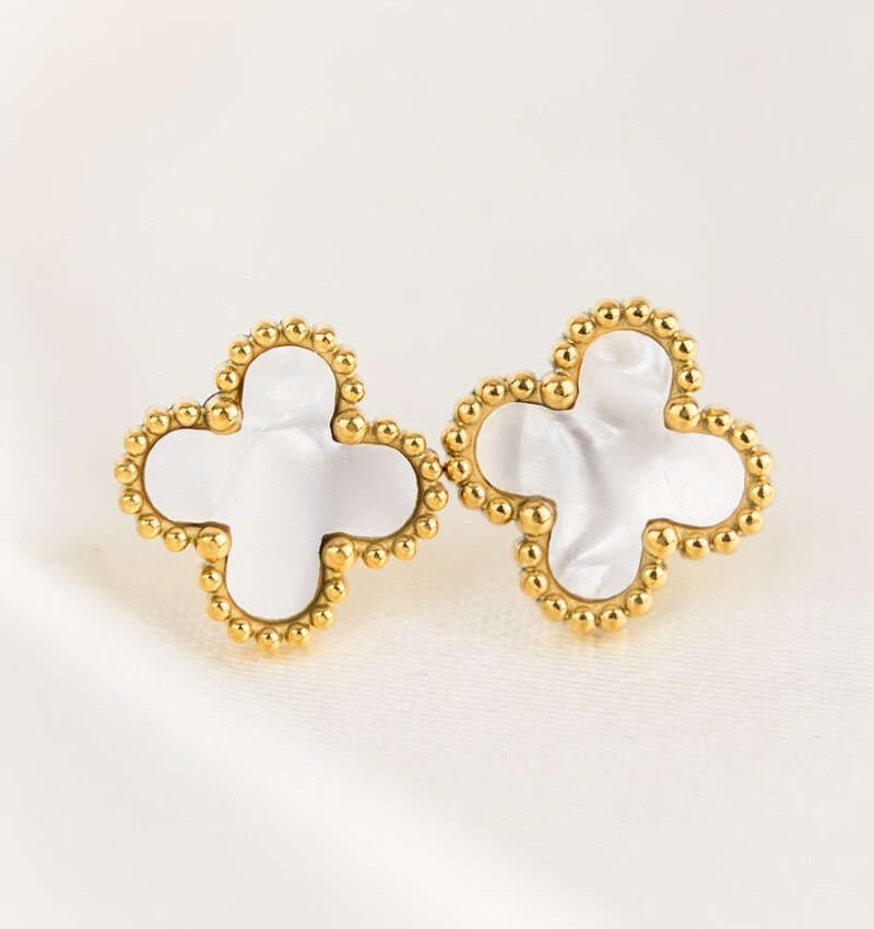 14k White Gold Mother of Pearl and Micropave Diamond Clover Design Earring  - Karat Jewelry Store, Huntington NY 11746