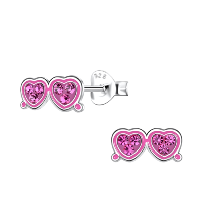 KAYA sieraden Silver children’s earrings ‘Heart Glasses with Crystals’ Pink