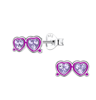 KAYA sieraden Silver children’s earrings ‘Heart Glasses with Crystals’ Purple
