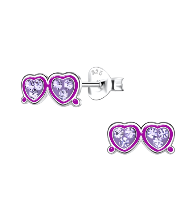 KAYA sieraden Silver Children's Earrings 'Heart Glasses With Crystals' Purple