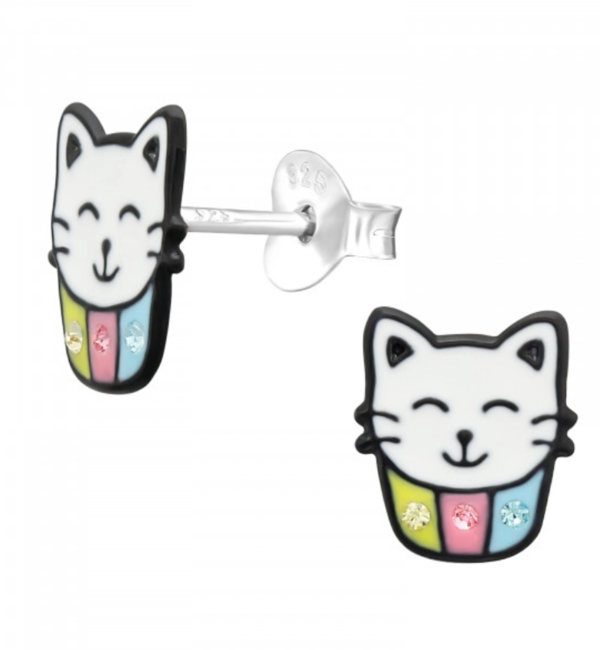 KAYA sieraden Silver Children's Earrings 'Kitten Cupcake' Black